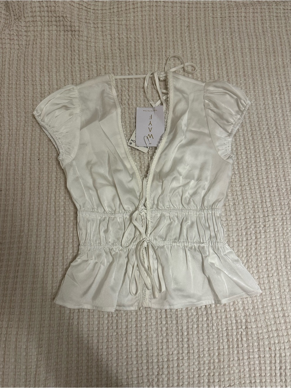 Wayf White Satin Tie-Front Puff Sleeve Blouse